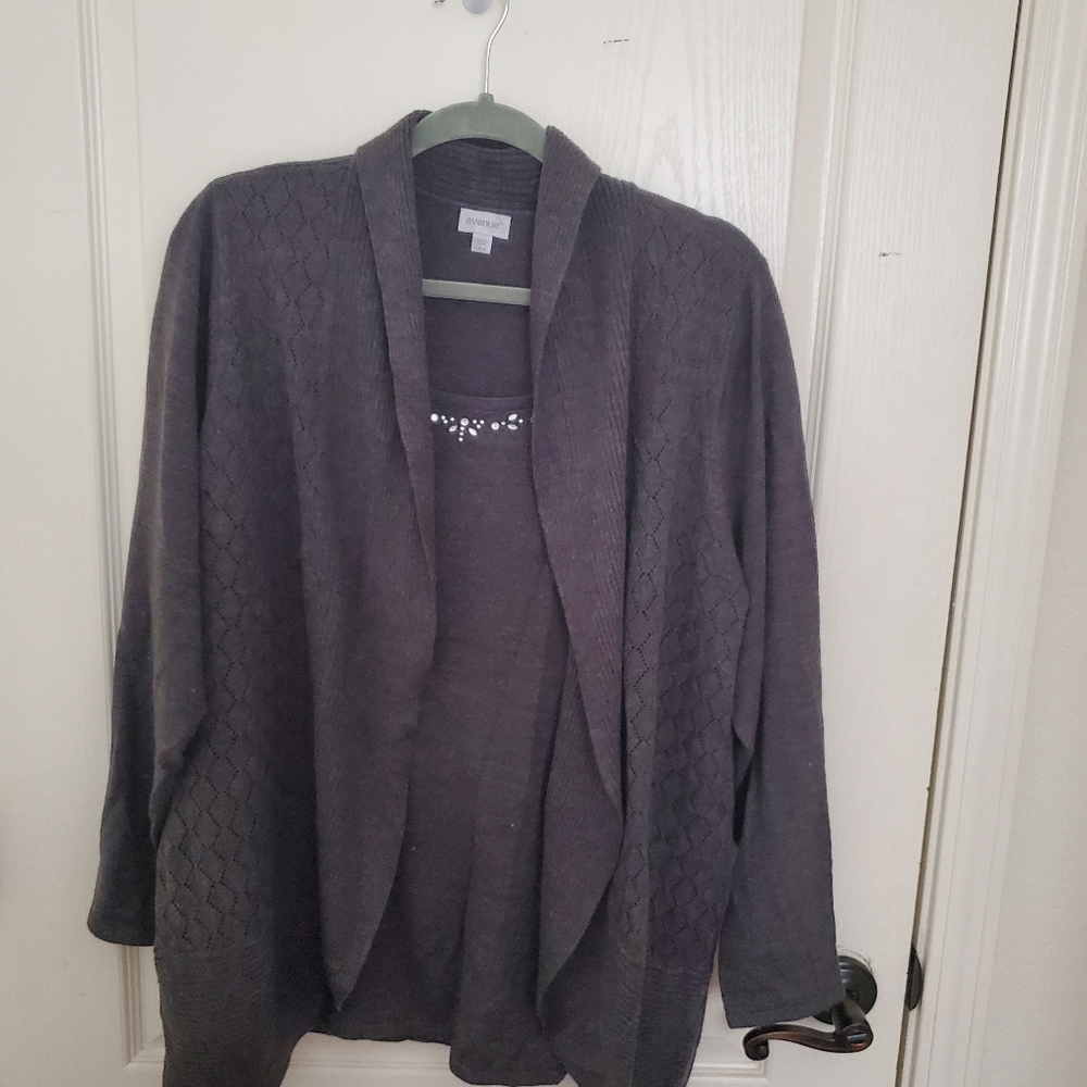Avenue Cardigan Tank combo size 14W/16WHeather Grey knit, beaded neck-line